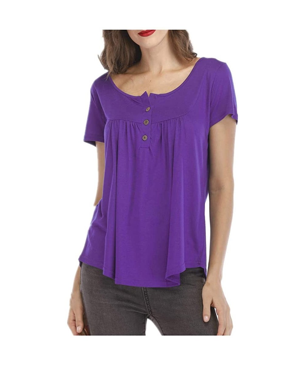 Thermal Underwear Women Shirts Casual Solid Color Blouse Short Sleeve Pleated Button Up Tunic Tops - Purple - CV197HZ67CR