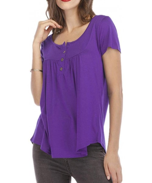 Thermal Underwear Women Shirts Casual Solid Color Blouse Short Sleeve Pleated Button Up Tunic Tops - Purple - CV197HZ67CR