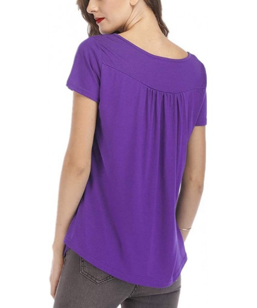 Thermal Underwear Women Shirts Casual Solid Color Blouse Short Sleeve Pleated Button Up Tunic Tops - Purple - CV197HZ67CR