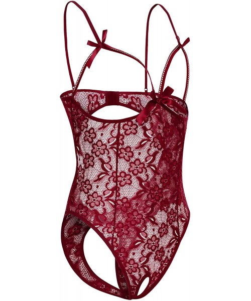 Baby Dolls & Chemises Women Teddy Lingerie One Piece Lace Babydoll Bodysuit Nightie Dark Red - Dark Red - CA18SK2D8LO