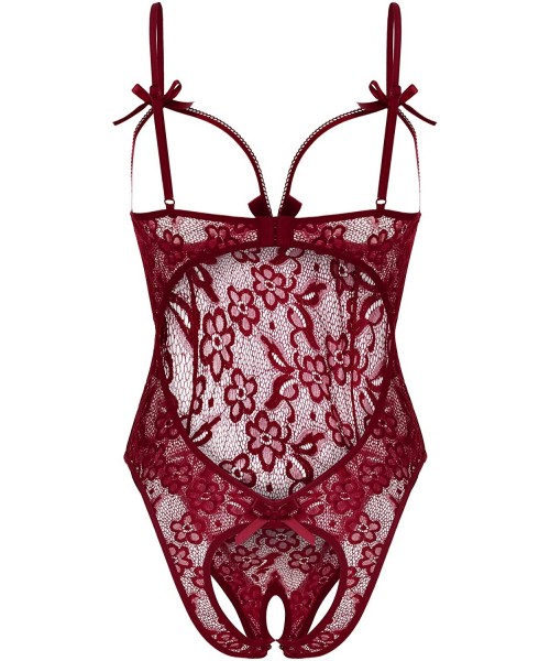 Baby Dolls & Chemises Women Teddy Lingerie One Piece Lace Babydoll Bodysuit Nightie Dark Red - Dark Red - CA18SK2D8LO