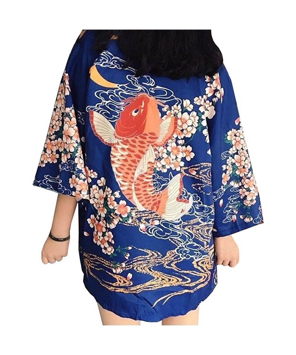 Robes Women Japanese Kimono Cardigan 3/4 Sleeves Loose Kimono Robe Vintage Dragon Yukata Outwear Summer Casual Top - Red Fish...