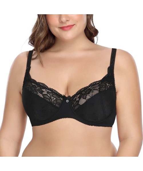 Bras Women Sheer Lace Unlined Sexy Bra with Underwire Plus Size - Black - C118K5ALAD5