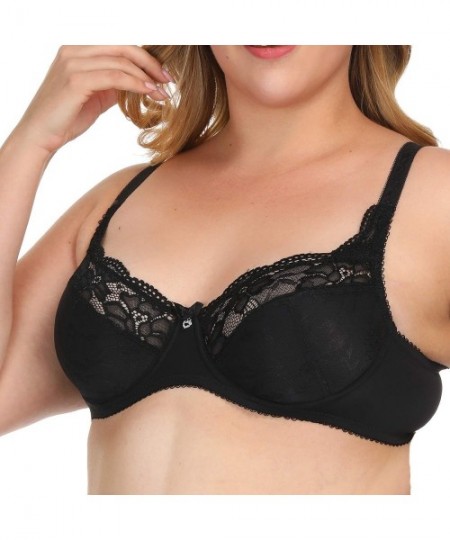 Bras Women Sheer Lace Unlined Sexy Bra with Underwire Plus Size - Black - C118K5ALAD5