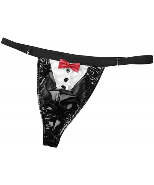 G-Strings & Thongs Men Sexy Underwear Patent Leather Lingerie Low Rise Bulge Pouch Butler Waiter Tuxedo G-String Thongs - Bla...