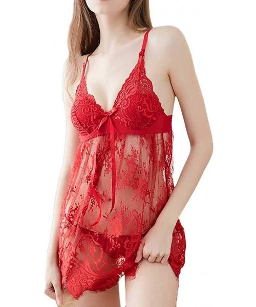 Baby Dolls & Chemises Women Lingerie Lace Babydoll V Neck Sleepwear Strap Chemise Dress with T-Back Panties - Red - CE19858XL9E