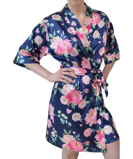 Robes Bridesmaid Robes Womens Floral Satin Kimono Robe Bridesmaid Gift for Weddings Peony Watercolor Pattern Navy - CB18XSOQD6H