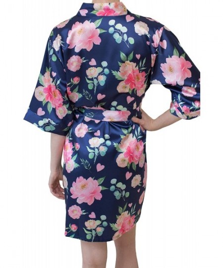 Robes Bridesmaid Robes Womens Floral Satin Kimono Robe Bridesmaid Gift for Weddings Peony Watercolor Pattern Navy - CB18XSOQD6H