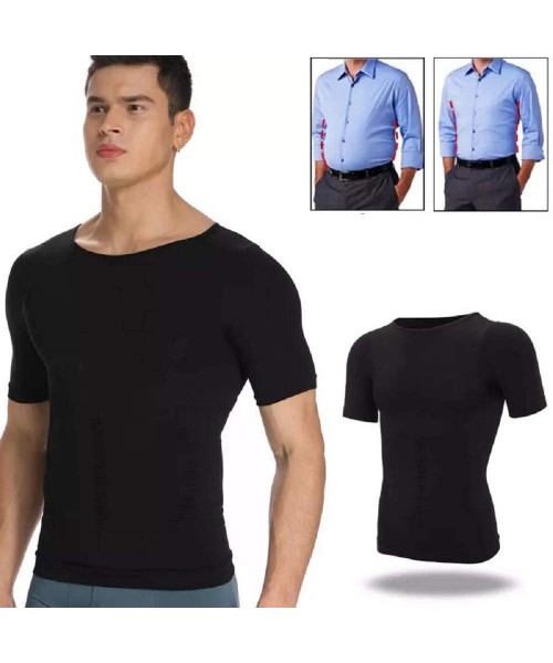 Undershirts Mens Slimming Shapewear Crew Neck Short Sleeve Body Shaper Net Nylon Compression T-Shirts - 2 Pack Black - CZ18AO...