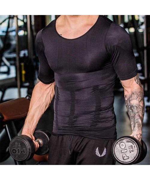 Undershirts Mens Slimming Shapewear Crew Neck Short Sleeve Body Shaper Net Nylon Compression T-Shirts - 2 Pack Black - CZ18AO...