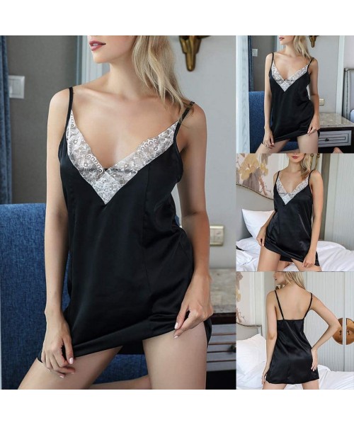 Garters & Garter Belts Women Silk Like Lace Sexy Sleeping Dress Pajamas Lingerie Nightdress Underwear - Black - CG194DQW695