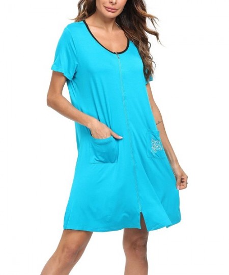 Nightgowns & Sleepshirts Women's Zip Up Housecoat Short Sleeve Robe Modal Nightgrown Sleepwear with Pockets - Peacock Blue - ...