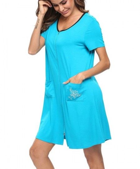 Nightgowns & Sleepshirts Women's Zip Up Housecoat Short Sleeve Robe Modal Nightgrown Sleepwear with Pockets - Peacock Blue - ...