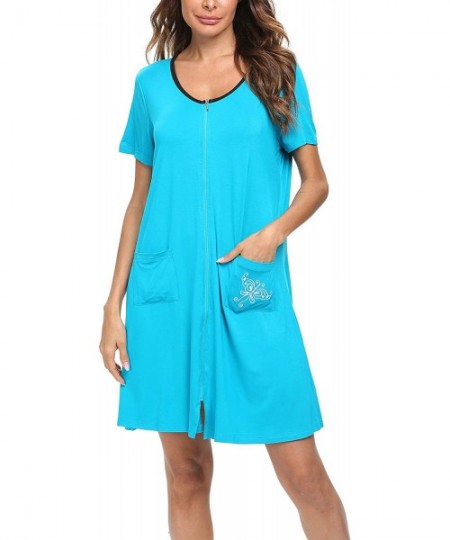 Nightgowns & Sleepshirts Women's Zip Up Housecoat Short Sleeve Robe Modal Nightgrown Sleepwear with Pockets - Peacock Blue - ...