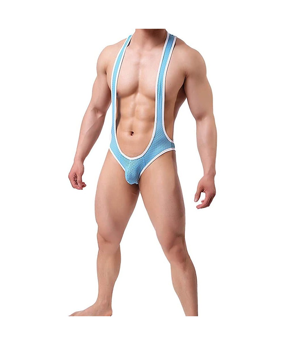 Bikinis Men's Mankini Swimsuit Thong Borat Style V Sling Stretch Sexy Underwear Suspender Bodysuit Strap Thongs - Blue - C119...