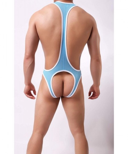 Bikinis Men's Mankini Swimsuit Thong Borat Style V Sling Stretch Sexy Underwear Suspender Bodysuit Strap Thongs - Blue - C119...