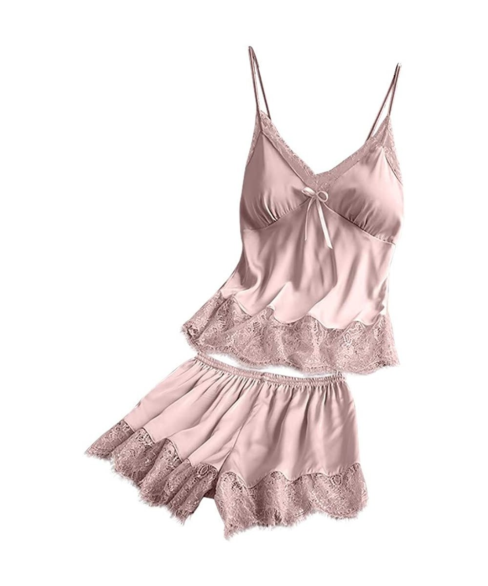 Sets 2020 Women V-Neck Eyelash Silk Lace Lingerie Sexy Stain Camisole Pajamas Bowknot Shorts Set - Pink - CN193YSCEON