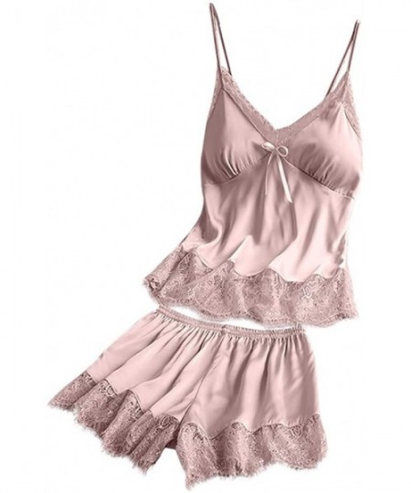 Sets 2020 Women V-Neck Eyelash Silk Lace Lingerie Sexy Stain Camisole Pajamas Bowknot Shorts Set - Pink - CN193YSCEON