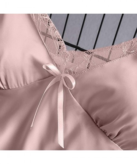 Sets 2020 Women V-Neck Eyelash Silk Lace Lingerie Sexy Stain Camisole Pajamas Bowknot Shorts Set - Pink - CN193YSCEON