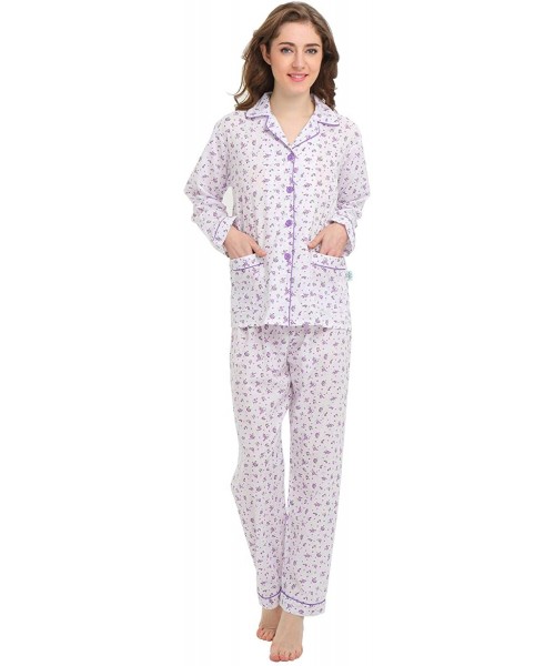 Sets Womens Pajamas Set- 100% Cotton 2-Piece Drawstring Sleepwear - White With Purple & Green Floral - CF18DULC8YO