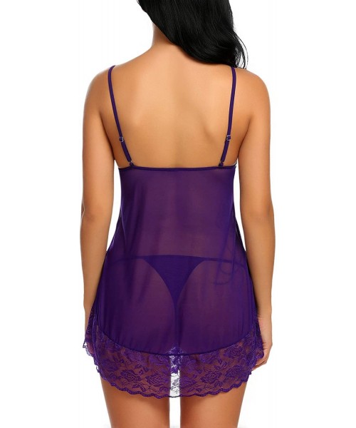 Baby Dolls & Chemises Lace Babydoll Lingerie Sexy Mini Chemise Mesh Wedding Nightie Bridal Nightdress - Purple - CP186RESOR0