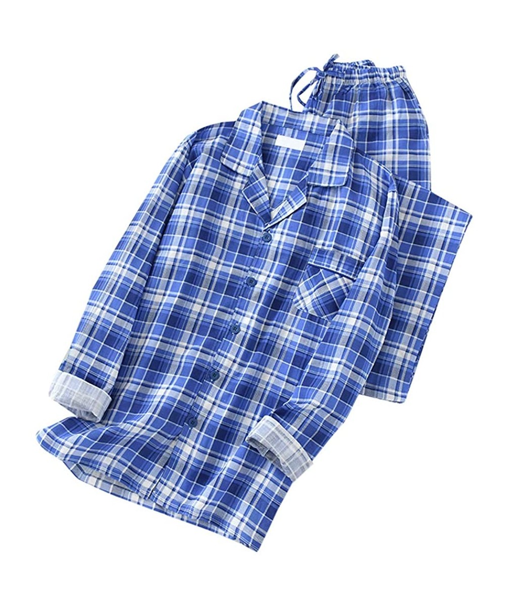 Sleep Sets Mens Plaid Pajamas Set Cotton Long Sleeve Top & Bottom Sleepwear Loungewear - Plaid-blue - C319C9LQNLQ