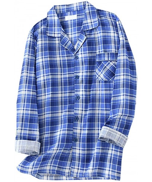 Sleep Sets Mens Plaid Pajamas Set Cotton Long Sleeve Top & Bottom Sleepwear Loungewear - Plaid-blue - C319C9LQNLQ