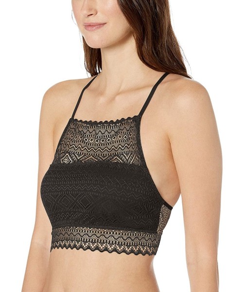 Bras Women's Geometric Hi-Neck Lace Bralette - Black - C318Q98KDM2