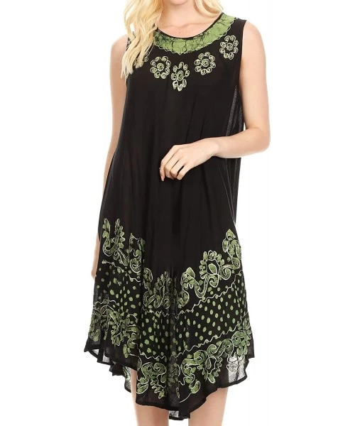 Nightgowns & Sleepshirts Women's Casual Midi Loose Fit Sleeveless Tank Dress Cover-up - 17160-blackgreen - CX18QXHX558