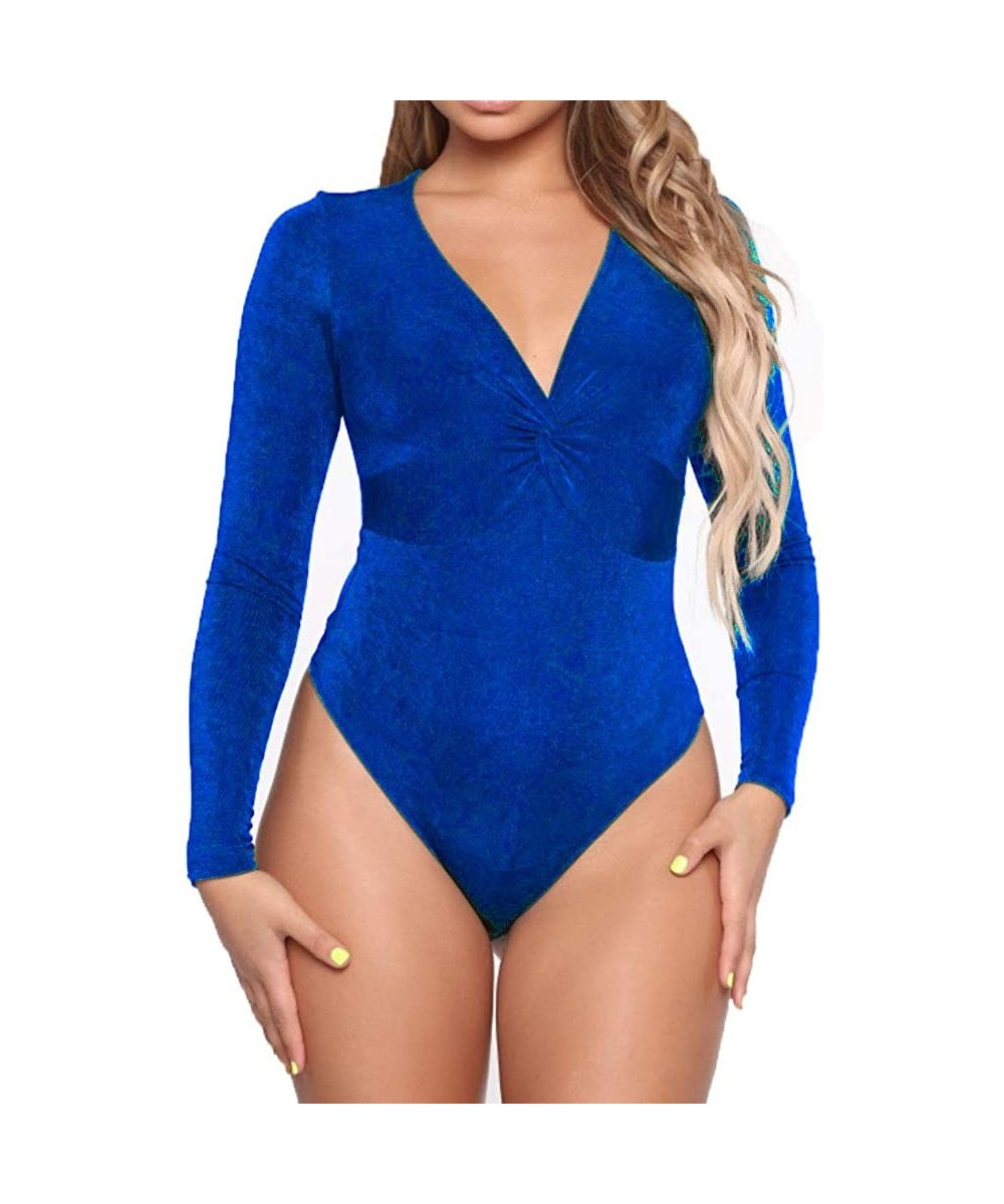 Shapewear Bodysuit for Women Long Sleeve Tops Sexy Neck Leotard Jumpsuits - Royal Blue - C818AUI0Q0A