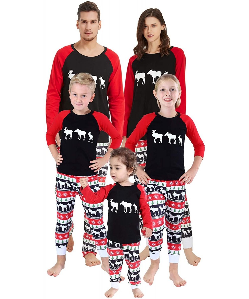 Sets Matching Family Pajamas Sets Christmas PJ's with Reindeer Printed Long Sleeve Tee and Pants Loungewear Black Red Men - C...