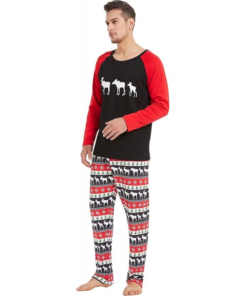 Sets Matching Family Pajamas Sets Christmas PJ's with Reindeer Printed Long Sleeve Tee and Pants Loungewear Black Red Men - C...