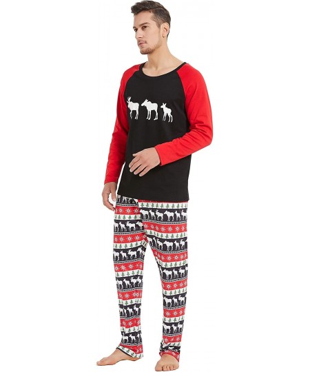 Sets Matching Family Pajamas Sets Christmas PJ's with Reindeer Printed Long Sleeve Tee and Pants Loungewear Black Red Men - C...