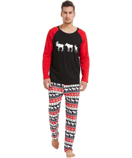 Sets Matching Family Pajamas Sets Christmas PJ's with Reindeer Printed Long Sleeve Tee and Pants Loungewear Black Red Men - C...