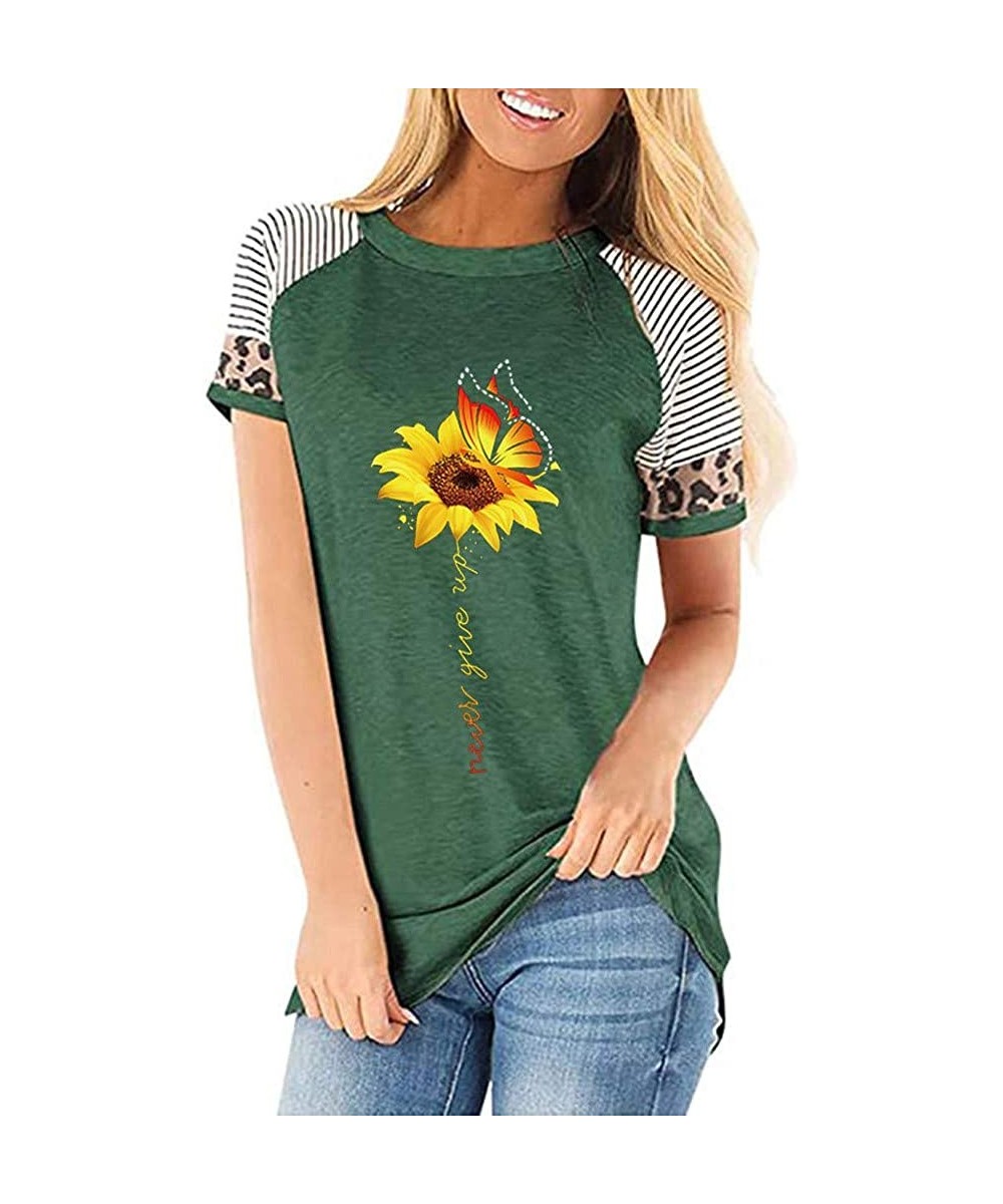 Nightgowns & Sleepshirts Women's Sunflower Leopard Patchwork Short Sleeve O-Neck Print Casual Top T-Shirt - E-green - CM197M8...