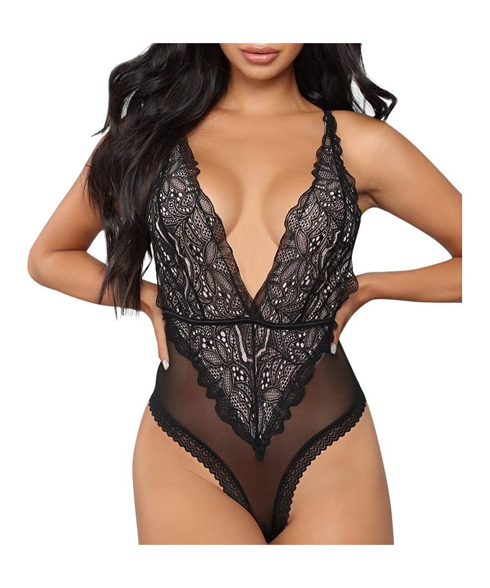 Nightgowns & Sleepshirts Women Lingerie Lace Babydoll Strap Mini Teddy Sexy V Neck Mesh Sleepwear Nightwear Bodysuit Underpan...