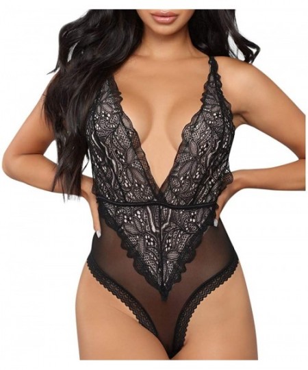 Nightgowns & Sleepshirts Women Lingerie Lace Babydoll Strap Mini Teddy Sexy V Neck Mesh Sleepwear Nightwear Bodysuit Underpan...