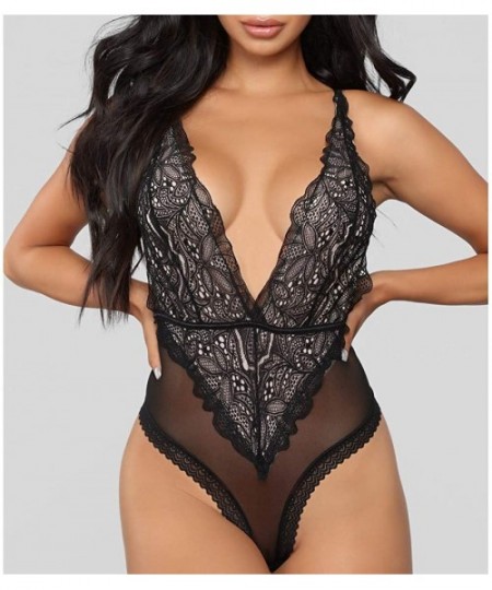 Nightgowns & Sleepshirts Women Lingerie Lace Babydoll Strap Mini Teddy Sexy V Neck Mesh Sleepwear Nightwear Bodysuit Underpan...