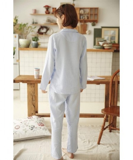 Sleep Sets Doube Sided Crepe Cotton Pajamas Set for Couple Men Women Long-Sleeve Button Down Sleepwear - Light Blue for Women...