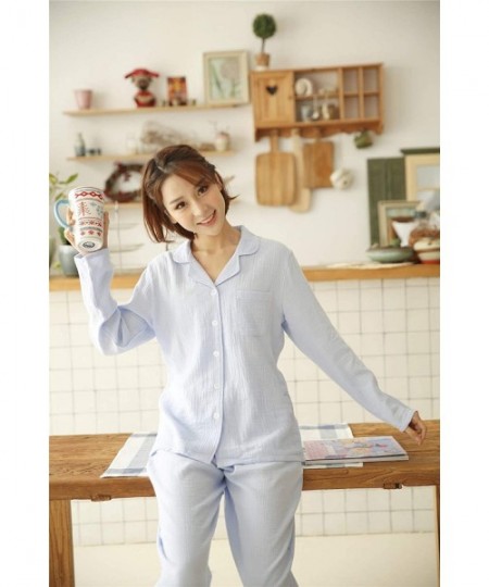 Sleep Sets Doube Sided Crepe Cotton Pajamas Set for Couple Men Women Long-Sleeve Button Down Sleepwear - Light Blue for Women...