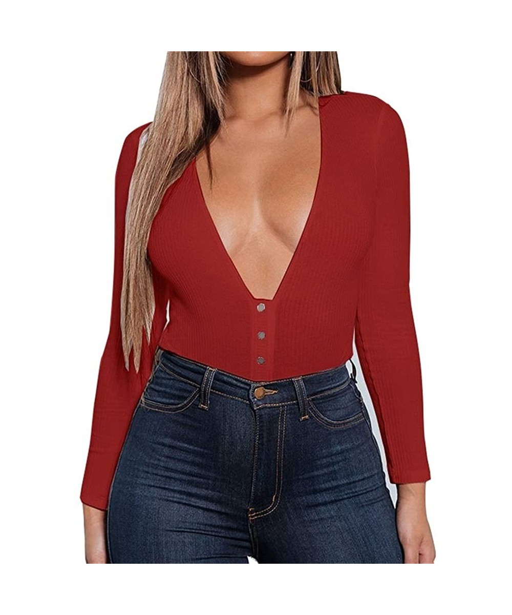 Shapewear Women's Sexy Deep V Button Down Long Sleeve Bodycon Ribbed Bodysuit Tops Leotard - Red - CT18AMTROWZ