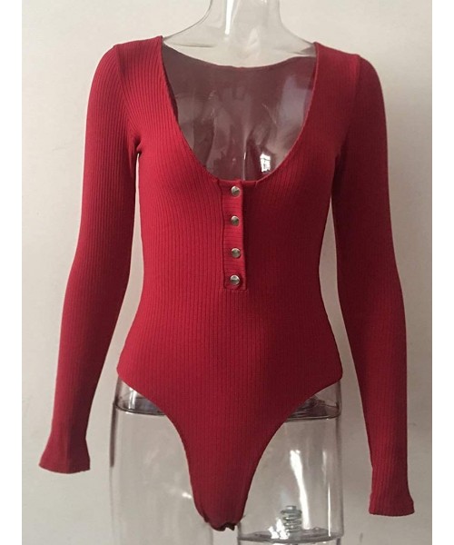 Shapewear Women's Sexy Deep V Button Down Long Sleeve Bodycon Ribbed Bodysuit Tops Leotard - Red - CT18AMTROWZ