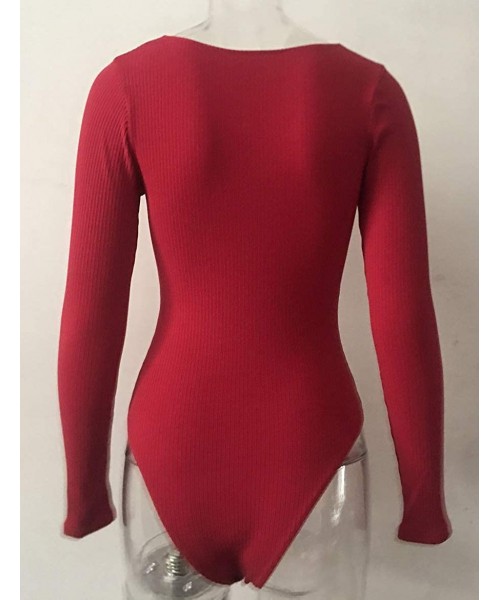 Shapewear Women's Sexy Deep V Button Down Long Sleeve Bodycon Ribbed Bodysuit Tops Leotard - Red - CT18AMTROWZ