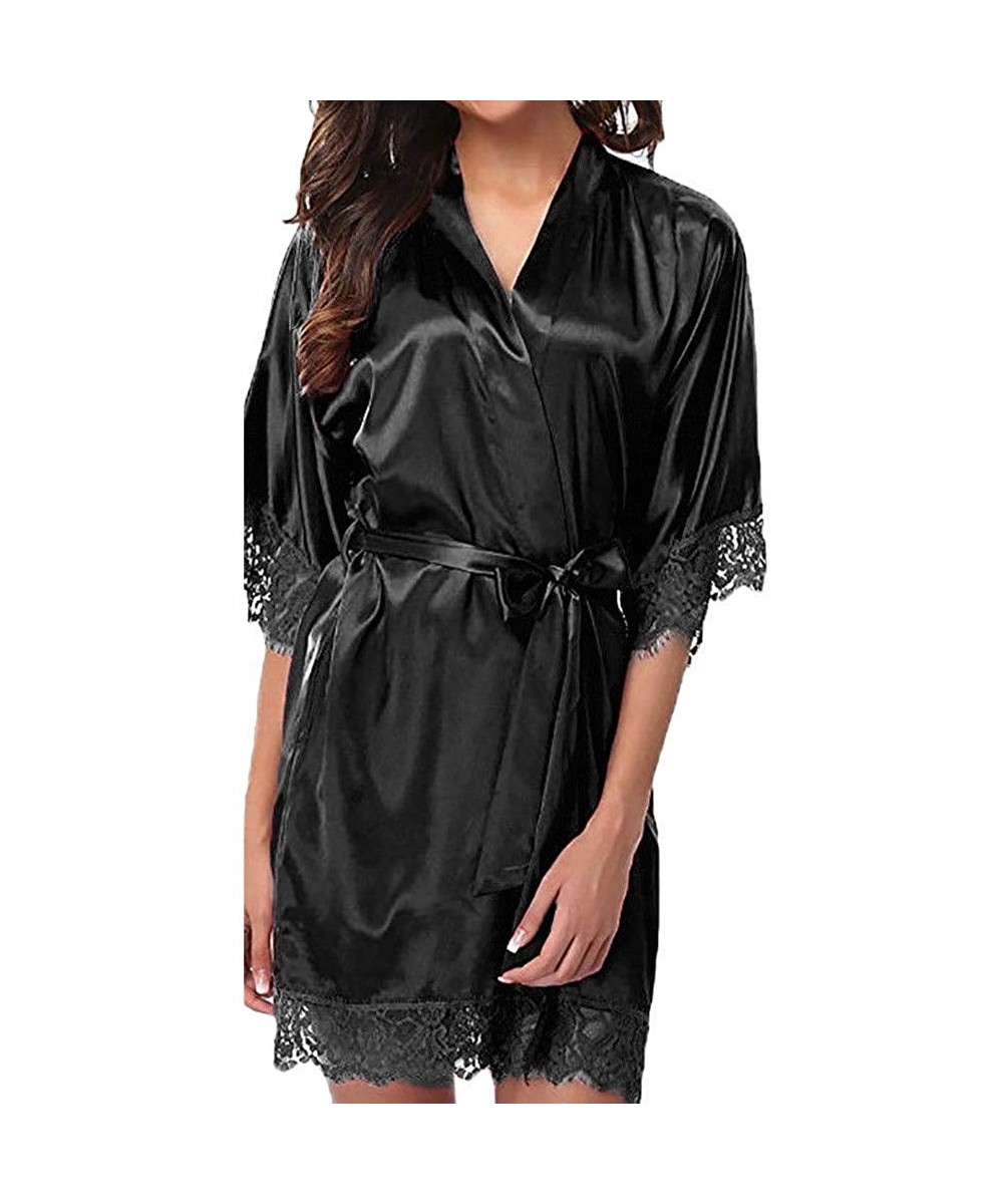 Robes Women Sleepwear Satin Kimono Bathrobe Dressing Gown Lace Lingerie Robe Pajama Set - Black - CN196ITWXMR