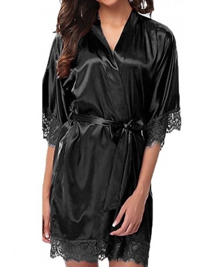 Robes Women Sleepwear Satin Kimono Bathrobe Dressing Gown Lace Lingerie Robe Pajama Set - Black - CN196ITWXMR