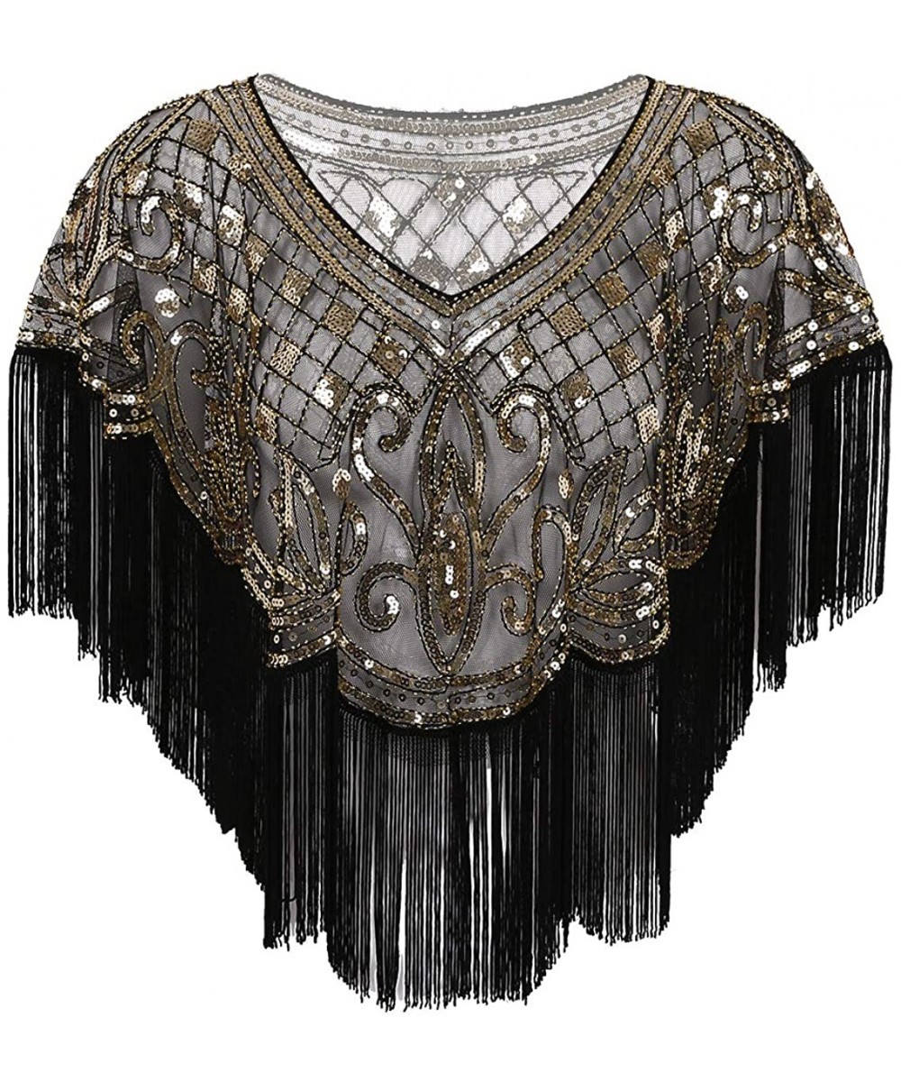 Baby Dolls & Chemises Women's Vintage 1920s Sequin Beads Fringe Tassel Bridal Shawl Evening Cape for Wedding Party - Black&go...