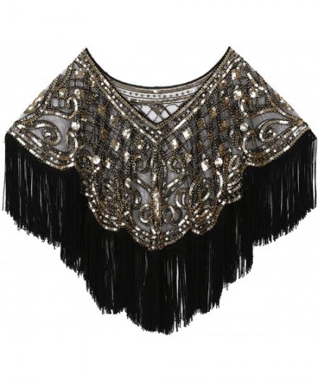 Baby Dolls & Chemises Women's Vintage 1920s Sequin Beads Fringe Tassel Bridal Shawl Evening Cape for Wedding Party - Black&go...