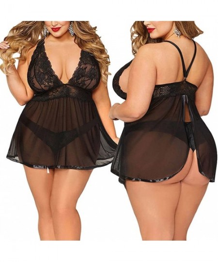 Baby Dolls & Chemises Womens Plus Size Lingerie Nightgown Babydoll Sexy V Neck Nightwear Lace Chemise Mini Teddy Open Back Sl...