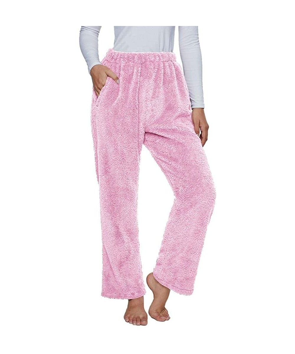 Bottoms Womens Winter Plush Fluffy Pajama Pants with Pockets Warm Fleece Lounge Pants Sleepwear Bottoms - Pink - CQ18X2AE0ZK