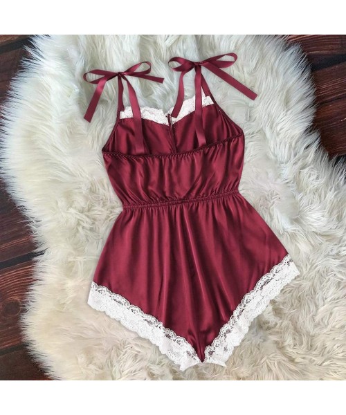 Baby Dolls & Chemises New Lingerie Full Satin Lace Complete Underwear Women Home Sexy Underwear - Wine - C319832NLZU